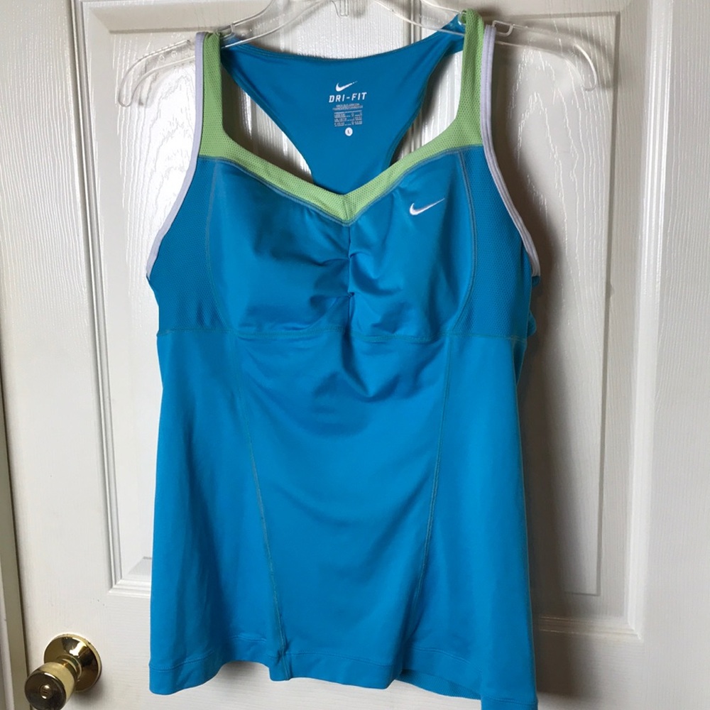 Nike Racerback Swim Tank with Built in Bra Blue  with Neon Green Trim La…